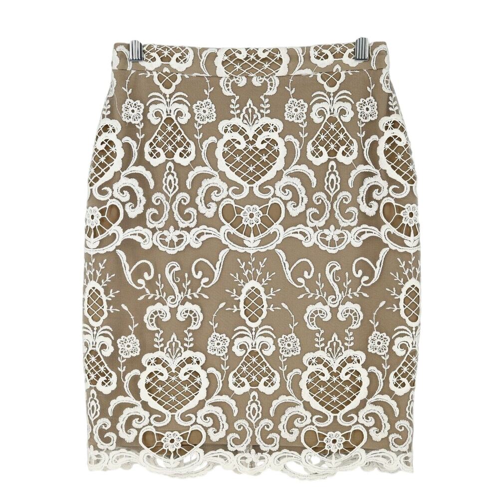 Belle Badgley Mischka Skirt Womens 2 White Lace Beige Lining Pencil Formal Party